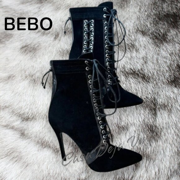BEBO Goth Vixen Studded Lace Up Black Crushed Velevet Bootie Heels - Picture 2 of 12